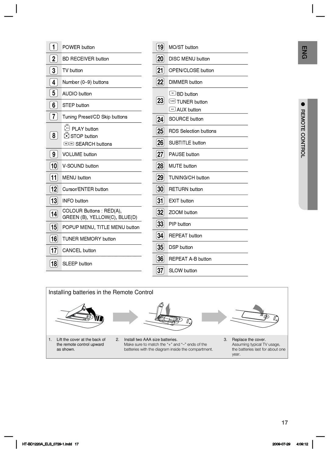 Samsung HT-BD1220R/XEF, HT-BD1220R/EDC, HT-BD1220R/XET, HT-BD1220R/XEE manual Installing batteries in the Remote Control 