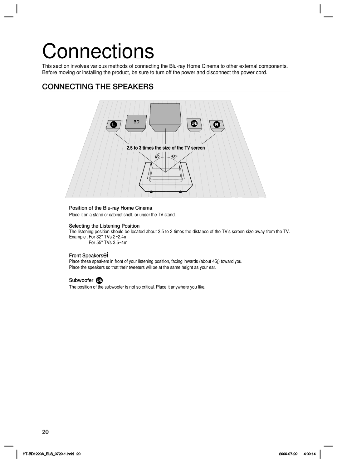 Samsung HT-BD1220R/EDC, HT-BD1220R/XEF, HT-BD1220R/XET, HT-BD1220R/XEE manual Connections, Connecting the Speakers 