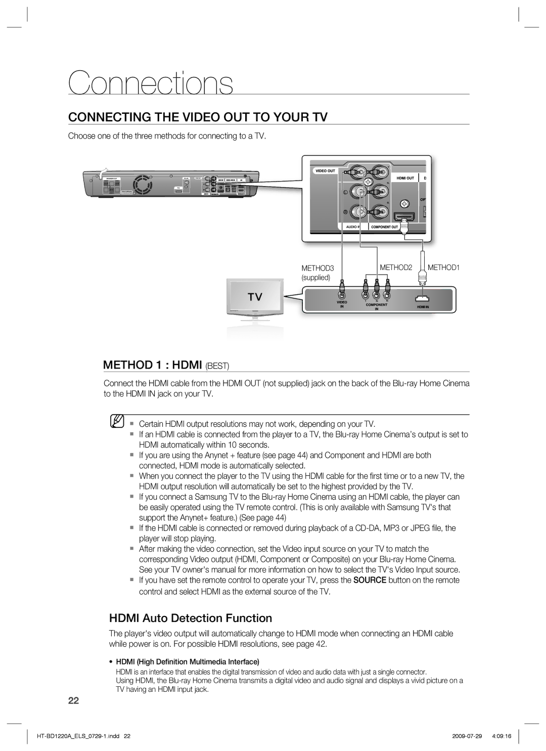 Samsung HT-BD1220R/XET, HT-BD1220R/EDC, HT-BD1220R/XEF Connecting the Video OUT to Your TV, Hdmi Auto Detection Function 