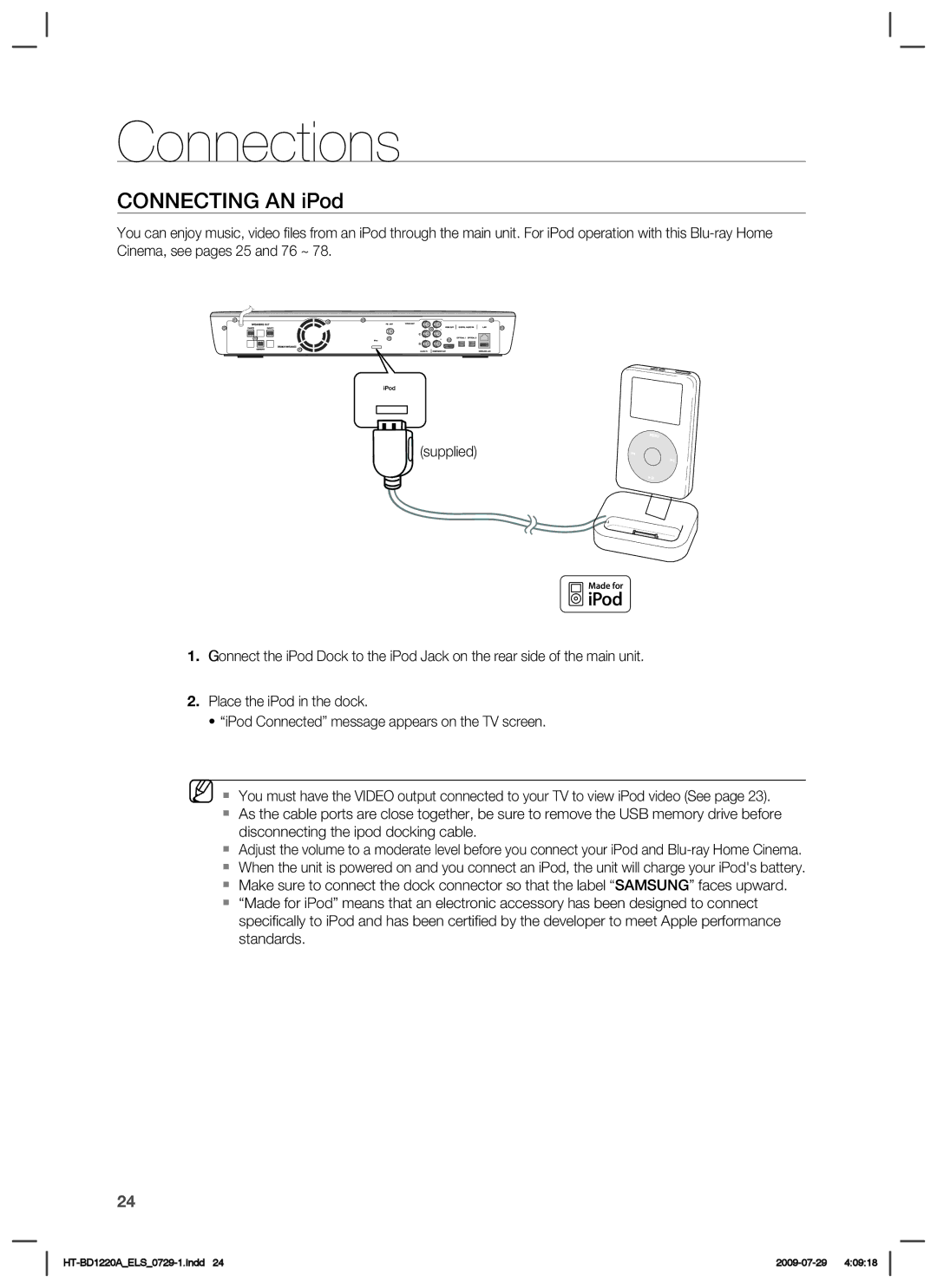 Samsung HT-BD1220R/EDC, HT-BD1220R/XEF, HT-BD1220R/XET, HT-BD1220R/XEE manual Connecting AN iPod 