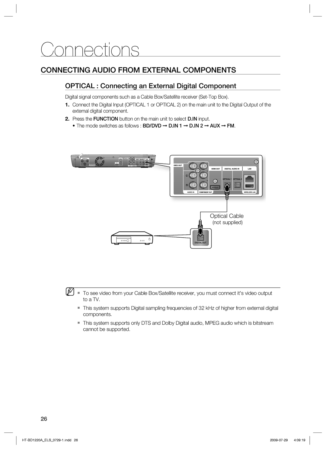 Samsung HT-BD1220R/XET manual Connecting Audio from External Components, Optical Connecting an External Digital Component 