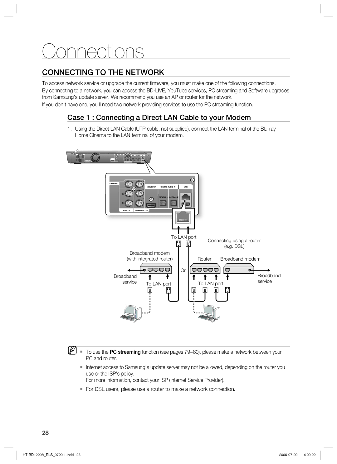 Samsung HT-BD1220R/EDC, HT-BD1220R/XEF manual Connecting to the Network, Case 1 Connecting a Direct LAN Cable to your Modem 