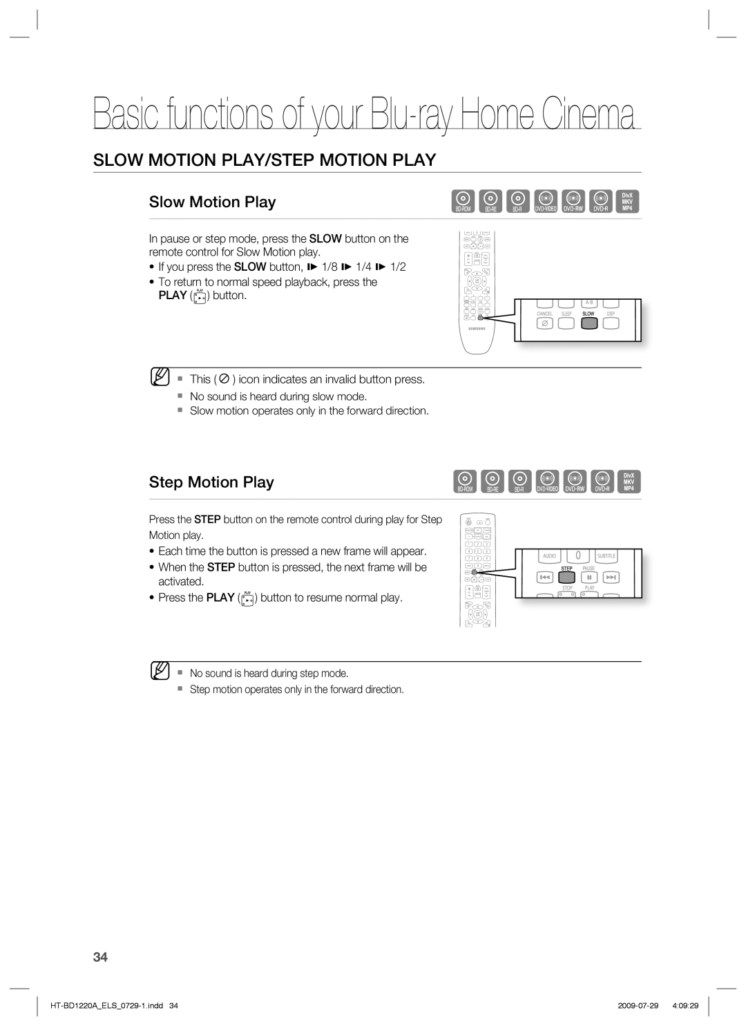 Samsung HT-BD1220R/XET, HT-BD1220R/EDC manual Slow Motion PLAY/STEP Motion Play, Slow Motion Play, Step Motion Play 