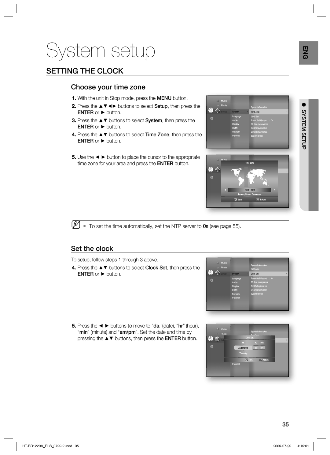 Samsung HT-BD1220R/XEE, HT-BD1220R/EDC System setup, Setting the Clock, Choose your time zone, Set the clock, System Setup 