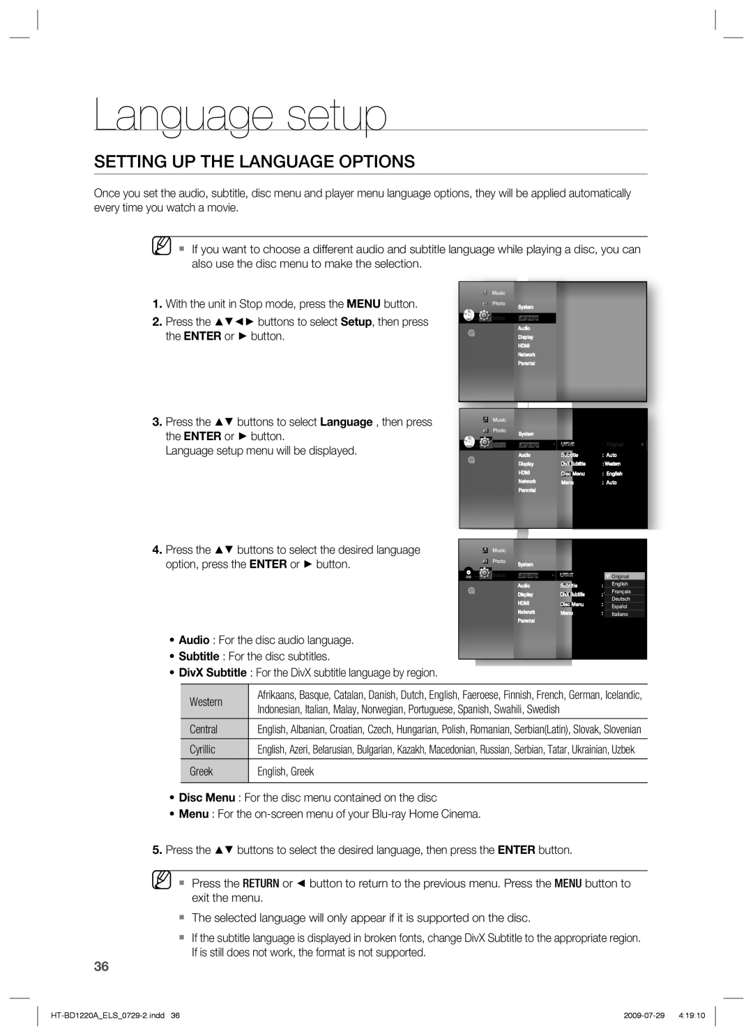 Samsung HT-BD1220R/EDC, HT-BD1220R/XEF, HT-BD1220R/XET Language setup, Setting UP the Language Options, Central, Cyrillic 