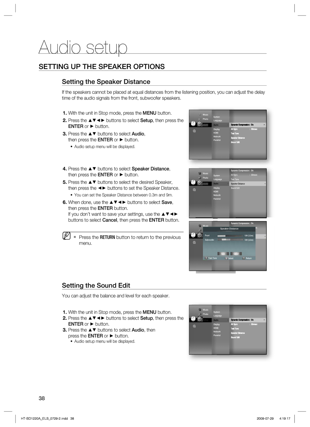 Samsung HT-BD1220R/XET, HT-BD1220R/EDC manual Setting the Speaker Distance, Setting the Sound Edit, Enter or button 