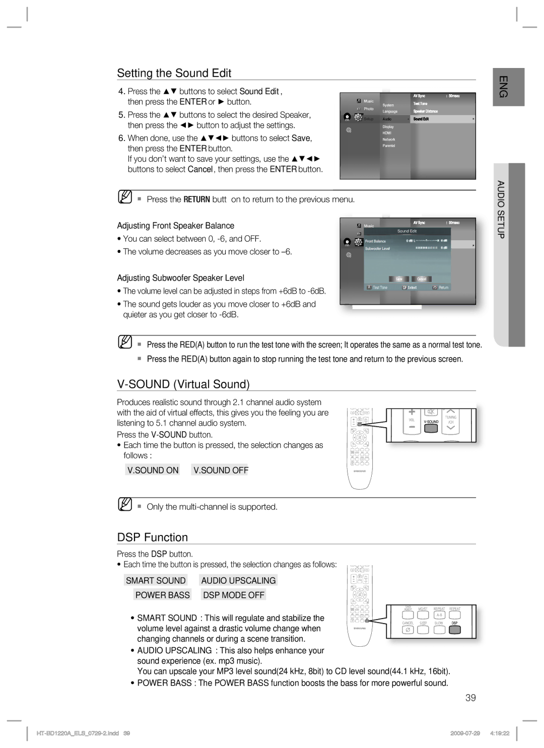 Samsung HT-BD1220R/XEE, HT-BD1220R/EDC, HT-BD1220R/XEF manual Sound Virtual Sound, DSP Function, Sound on V.SOUND OFF 