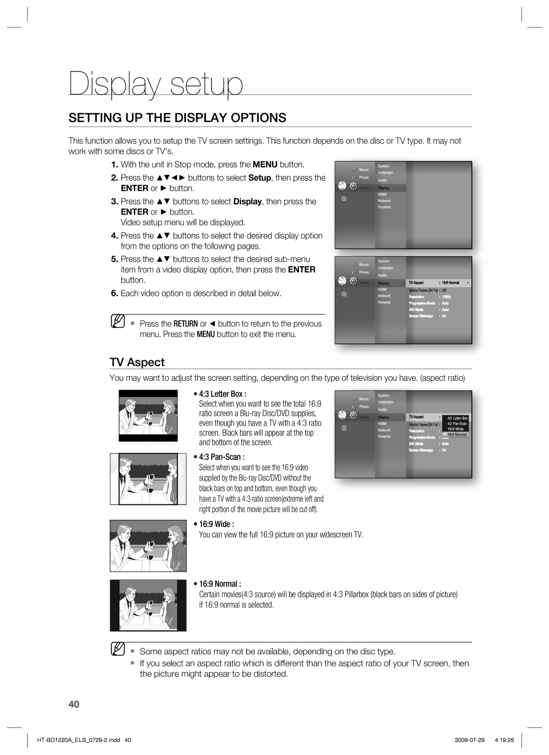 Samsung HT-BD1220R/EDC, HT-BD1220R/XEF, HT-BD1220R/XET Display setup, Setting UP the Display Options, TV Aspect, Pan-Scan 