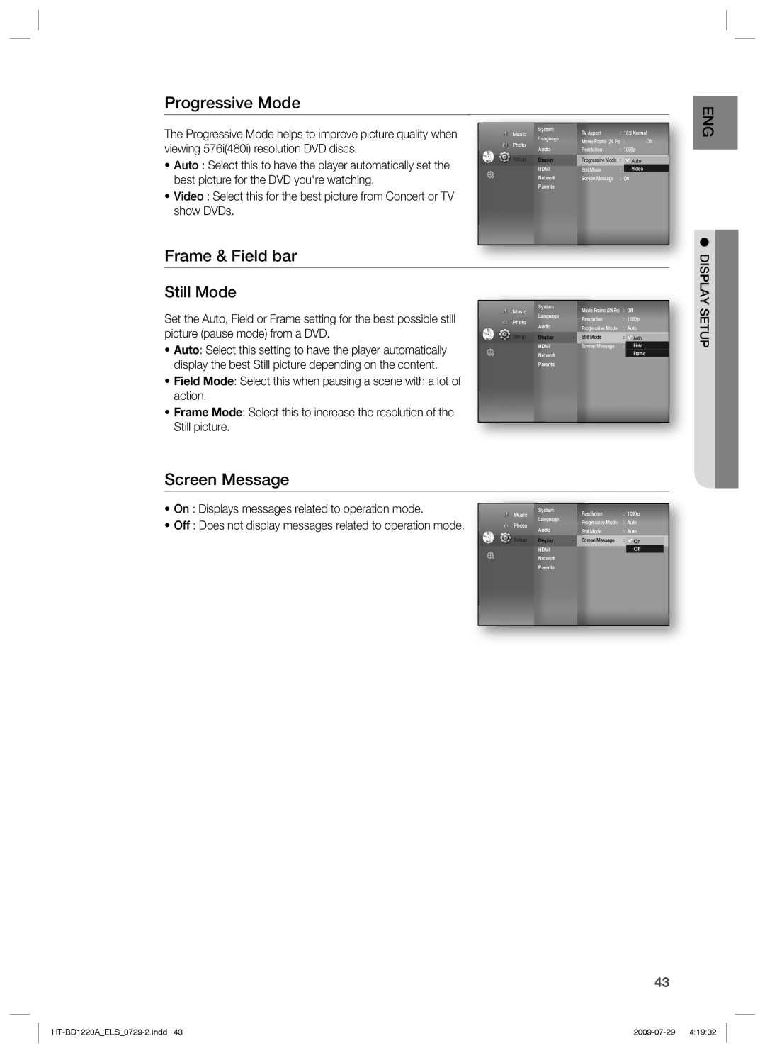 Samsung HT-BD1220R/XEE, HT-BD1220R/EDC, HT-BD1220R/XEF Progressive Mode, Frame & Field bar, Screen Message, Display Setup 