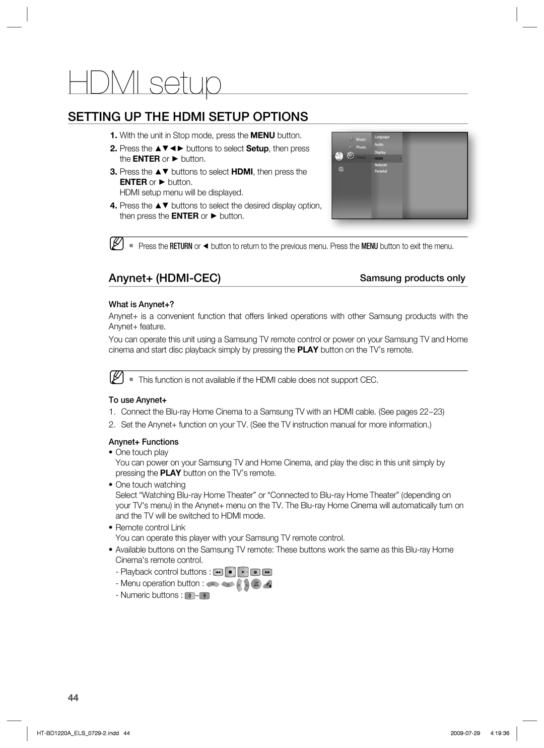 Samsung HT-BD1220R/EDC, HT-BD1220R/XEF, HT-BD1220R/XET manual Hdmi setup, Setting UP the Hdmi Setup Options, Anynet+ HDMI-CEC 