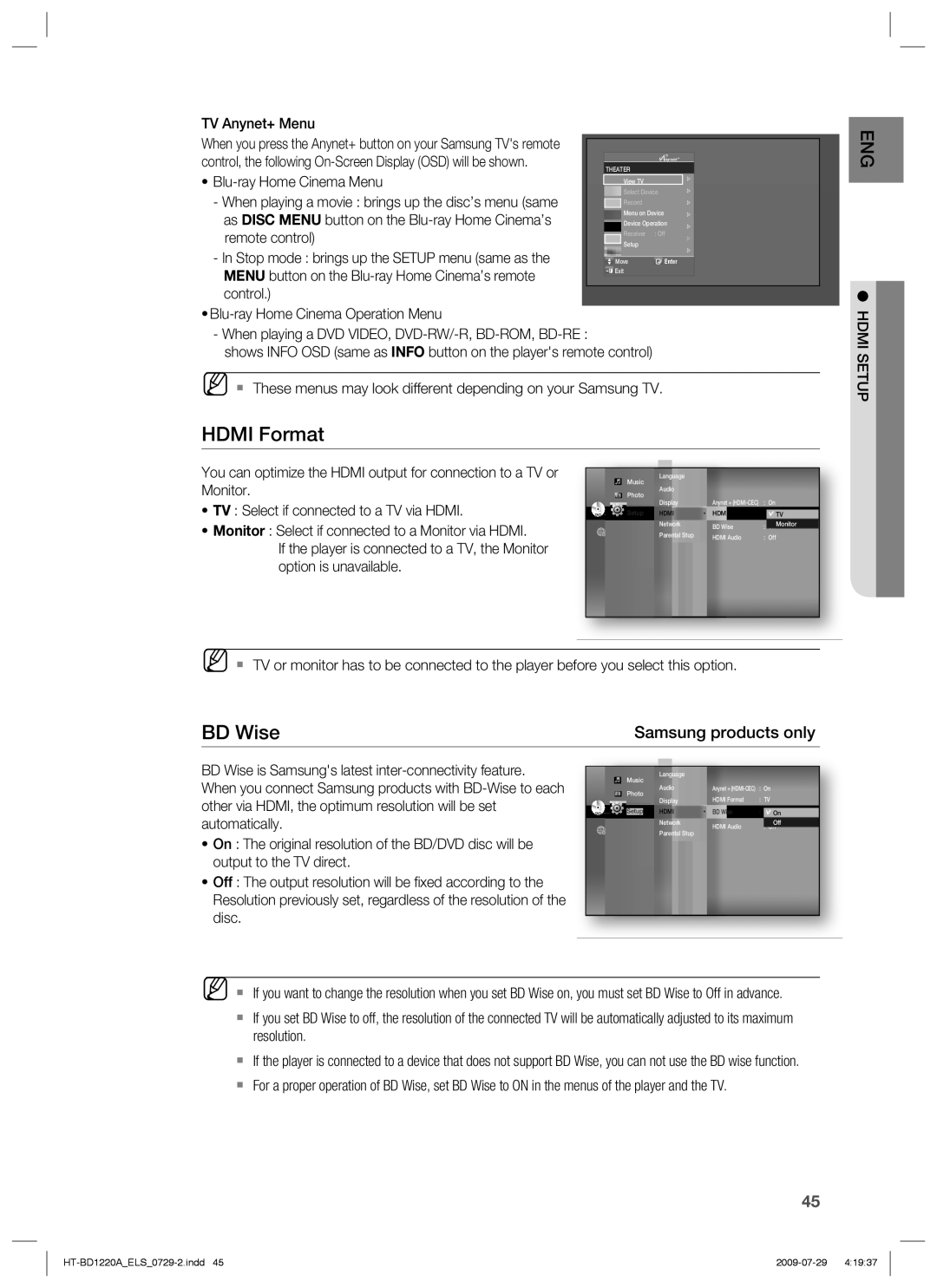 Samsung HT-BD1220R/XEF, HT-BD1220R/EDC, HT-BD1220R/XET, HT-BD1220R/XEE manual Hdmi Format, Hdmi Setup 