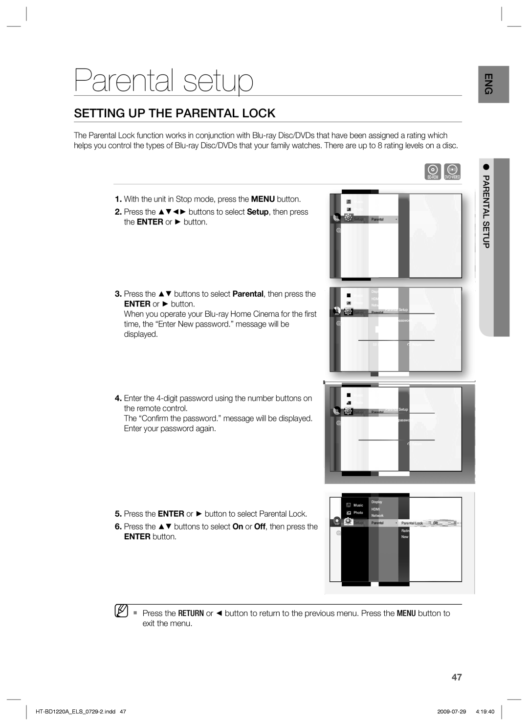 Samsung HT-BD1220R/XEE, HT-BD1220R/EDC, HT-BD1220R/XEF manual Parental setup, Setting UP the Parental Lock, Parental Setup 