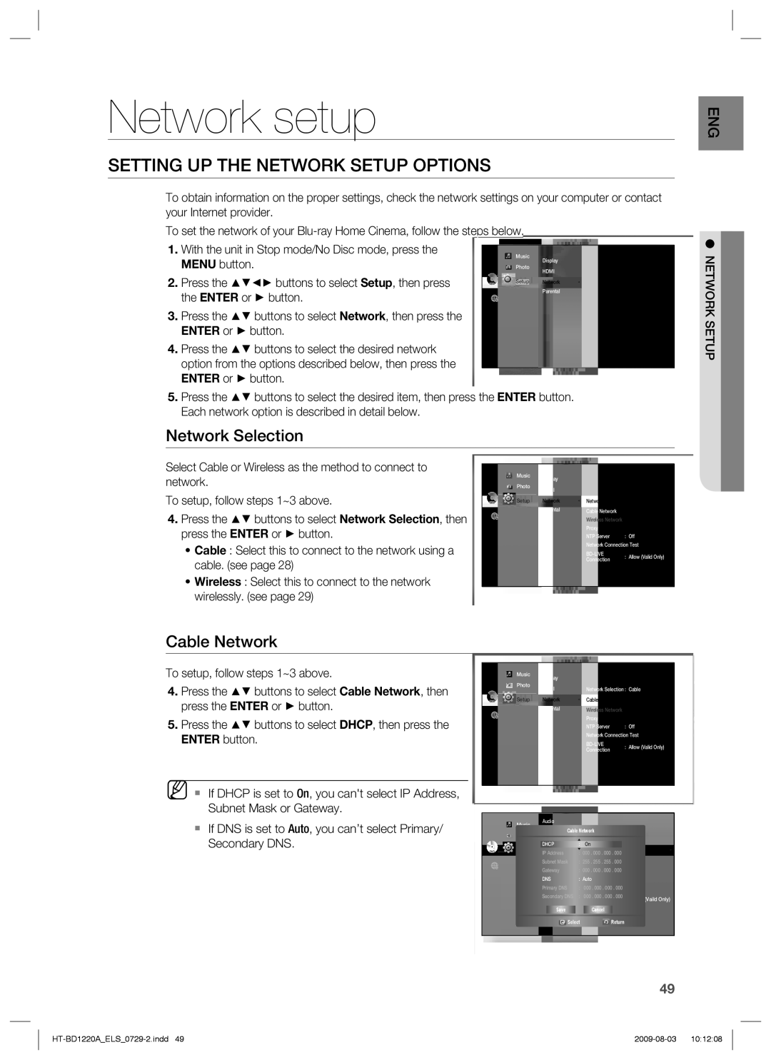 Samsung HT-BD1220R/XEF manual Network setup, Setting UP the Network Setup Options, Network Selection, Cable Network 