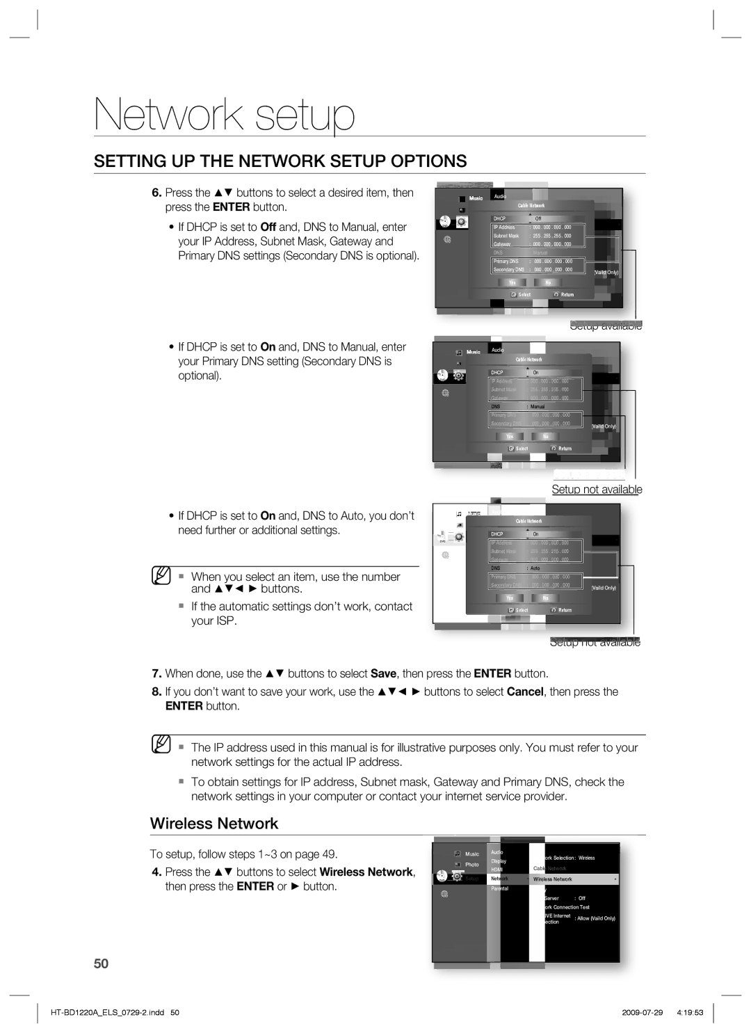 Samsung HT-BD1220R/XET, HT-BD1220R/EDC manual Wireless Network, Setup available, Yes Select Return, Display Cable Network 