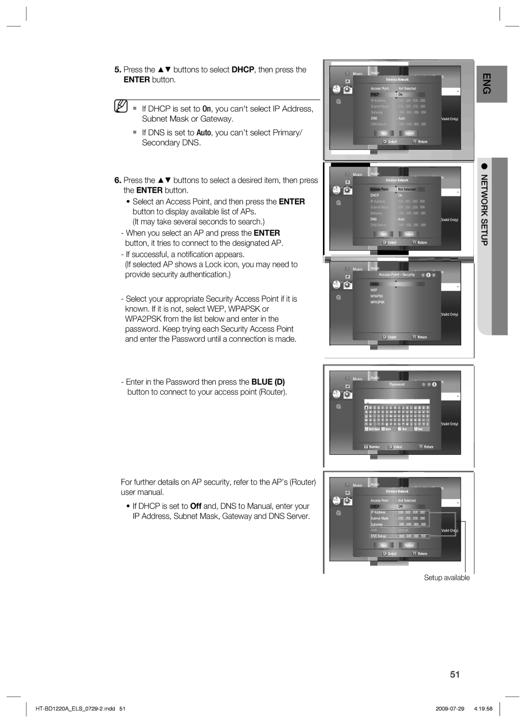 Samsung HT-BD1220R/XEE Display Wireless Network, Select Return, Network Selection Wireless, Parental Proxy, Off Test, Rk s 