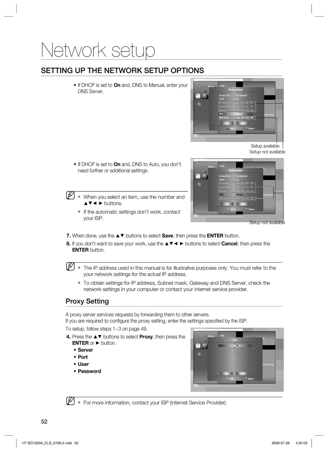 Samsung HT-BD1220R/EDC, HT-BD1220R/XEF, HT-BD1220R/XET, HT-BD1220R/XEE Proxy Setting, Setup available Setup not available 