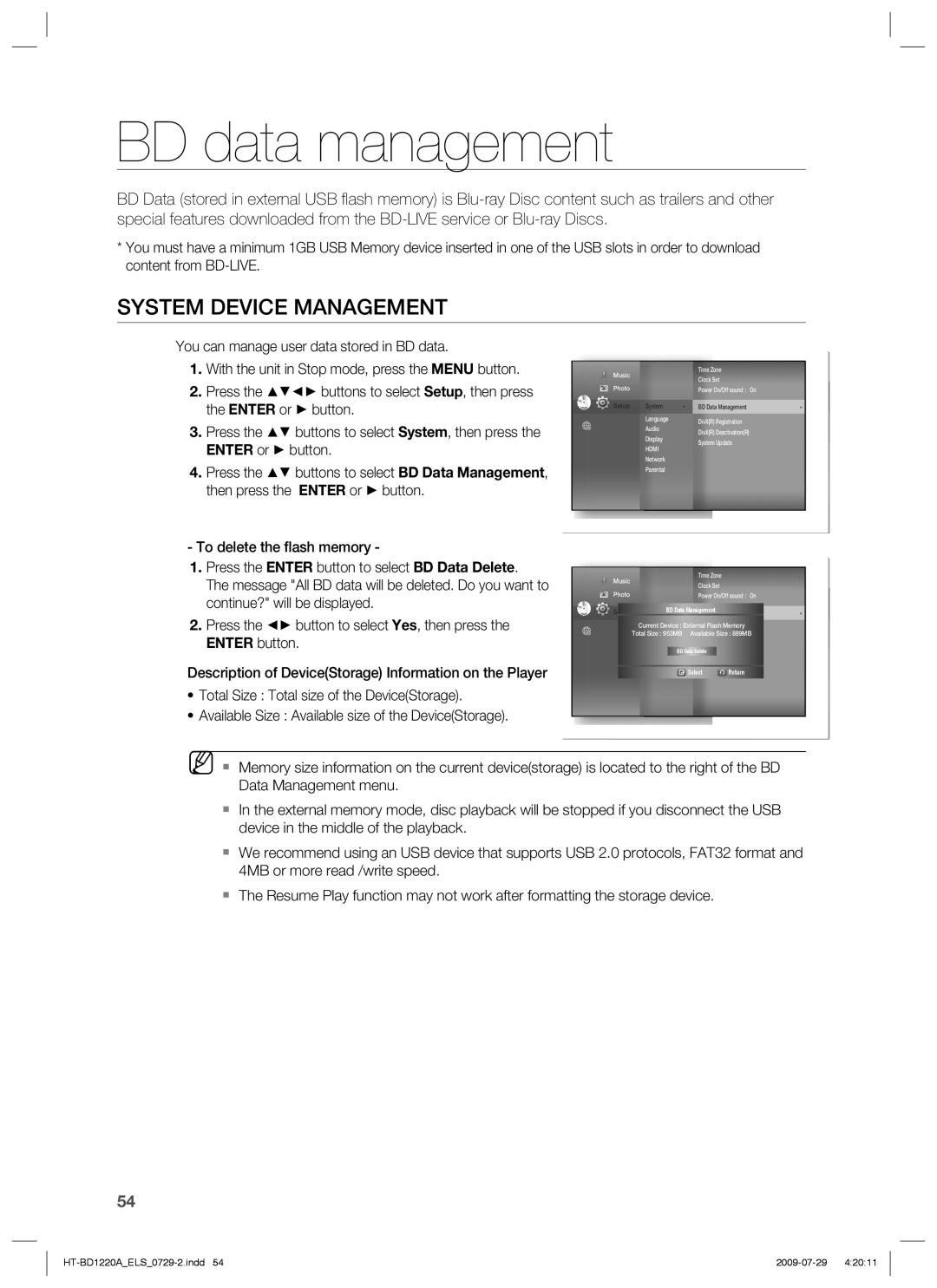 Samsung HT-BD1220R/XET, HT-BD1220R/EDC, HT-BD1220R/XEF BD data management, System Device Management, BD Data Management 