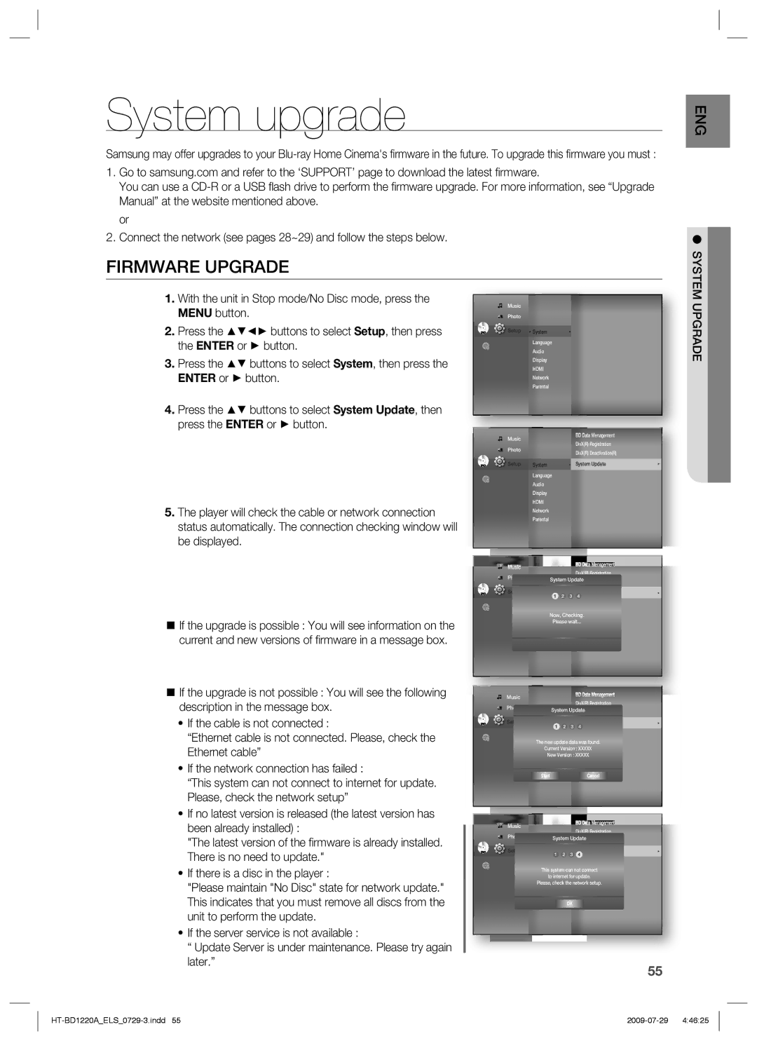 Samsung HT-BD1220R/XEE, HT-BD1220R/EDC, HT-BD1220R/XEF, HT-BD1220R/XET manual System upgrade, Firmware Upgrade, System Upgrade 