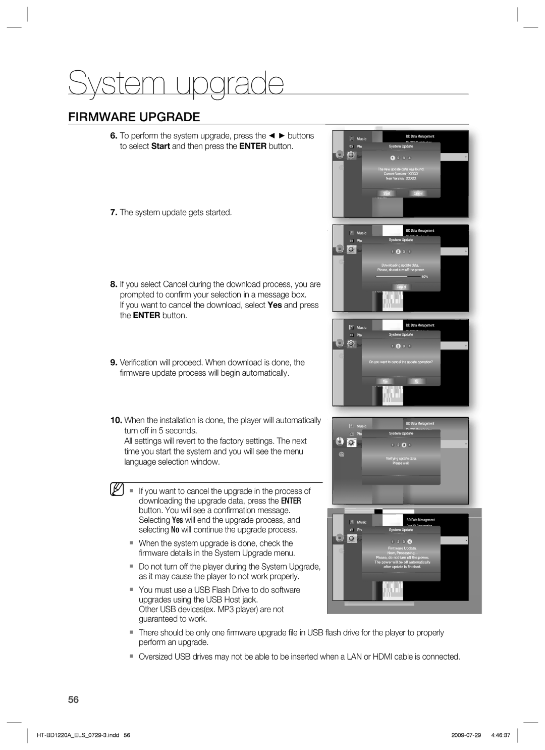 Samsung HT-BD1220R/EDC To perform the system upgrade, press the buttons, To select Start and then press the Enter button 