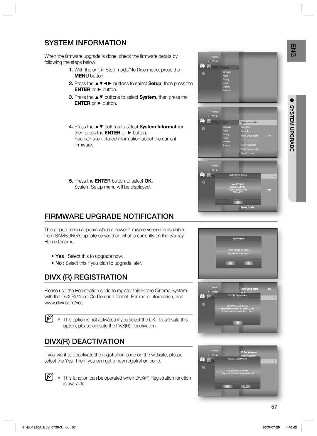 Samsung HT-BD1220R/XEF, HT-BD1220R/EDC manual Firmware Upgrade Notification, Divx R Registration, Divxr Deactivation 