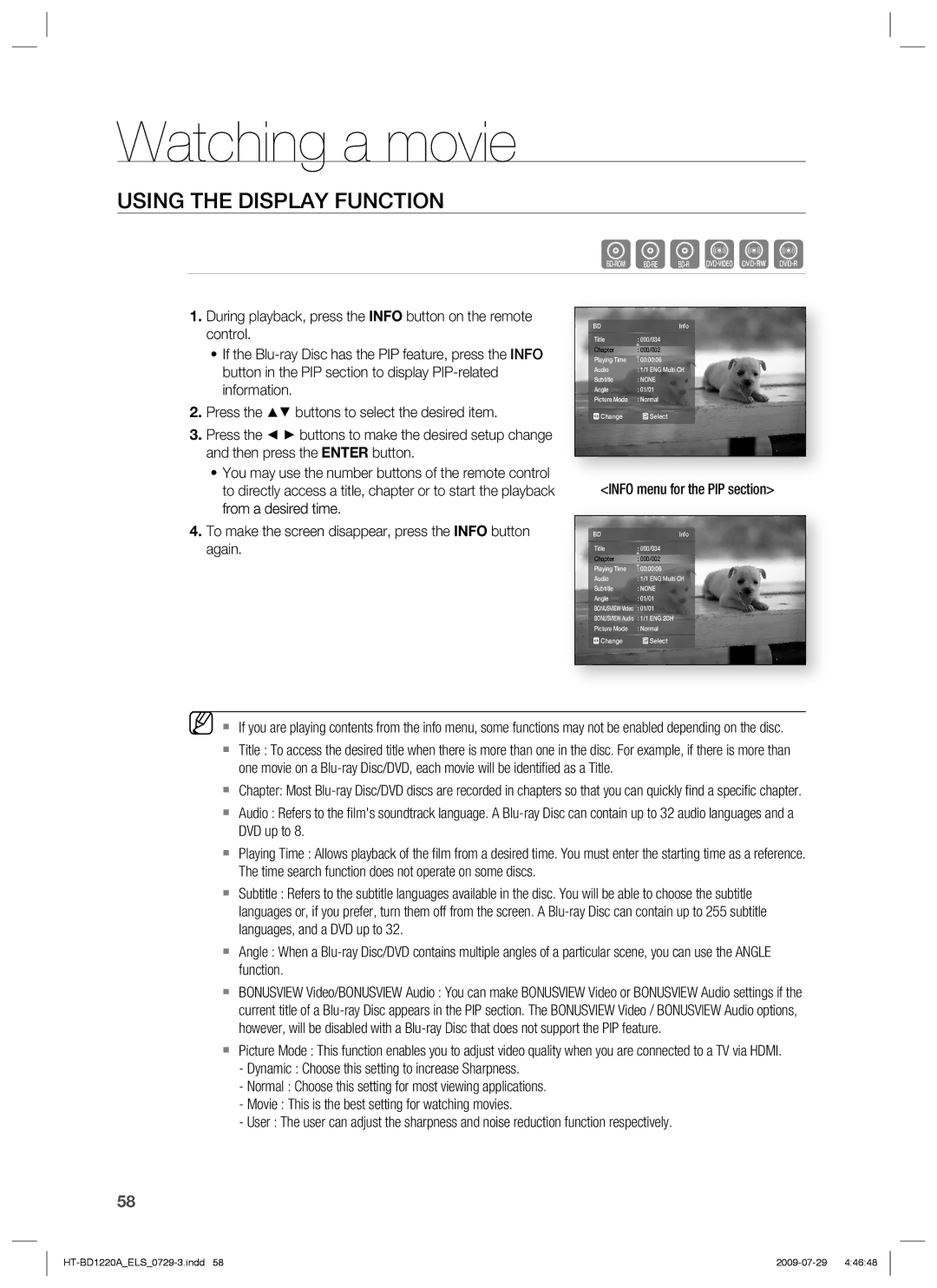 Samsung HT-BD1220R/XET, HT-BD1220R/EDC manual Watching a movie, Using the Display Function, Info menu for the PIP section 