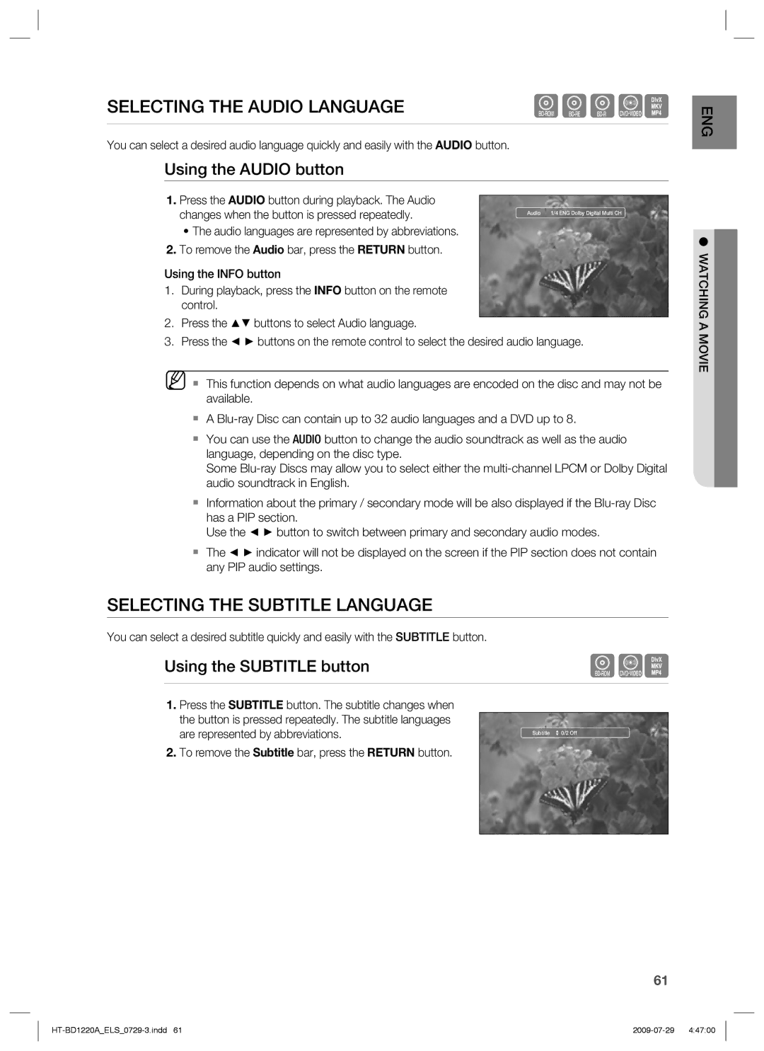 Samsung HT-BD1220R/XEF manual Selecting the Audio Language, Selecting the Subtitle Language, Using the Audio button 