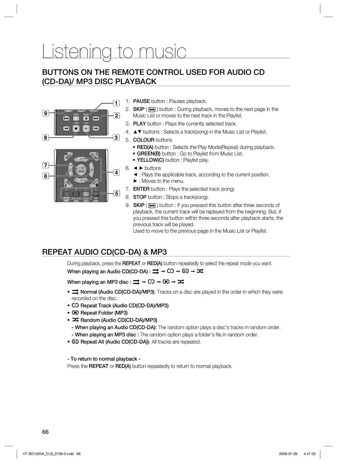 Samsung HT-BD1220R/XET, HT-BD1220R/EDC, HT-BD1220R/XEF, HT-BD1220R/XEE manual Listening to music, Repeat Audio CDCD-DA & MP3 