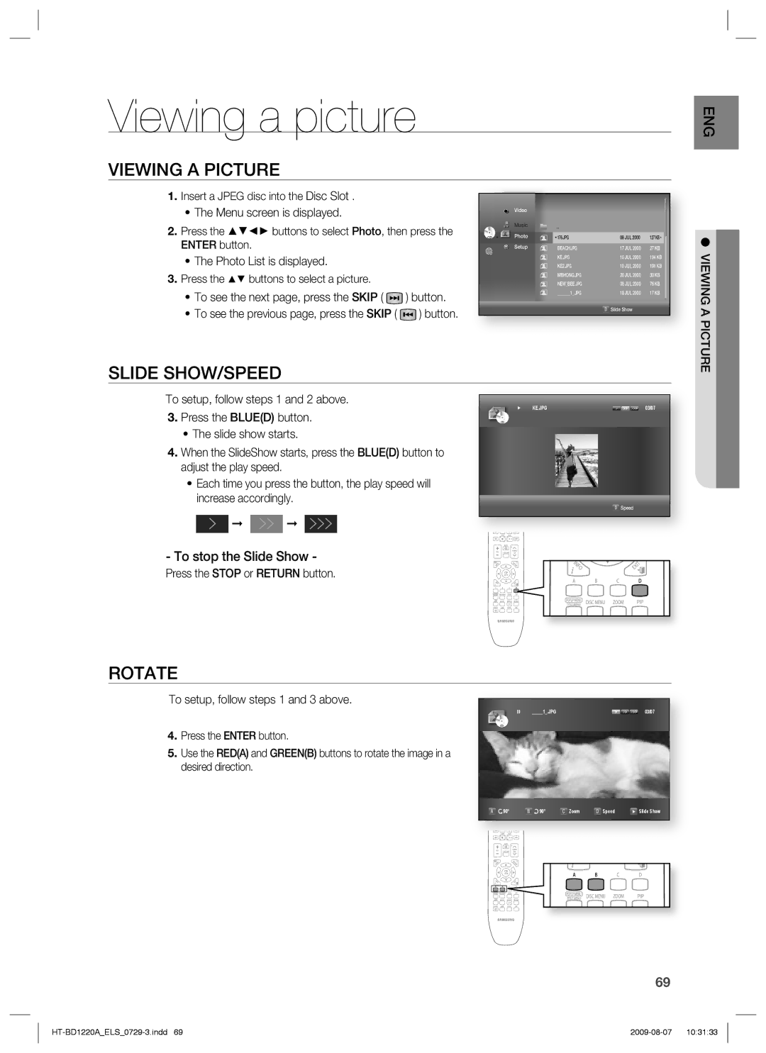 Samsung HT-BD1220R/XEF, HT-BD1220R/EDC, HT-BD1220R/XET manual Viewing a picture, Viewing a Picture, Slide SHOW/SPEED, Rotate 