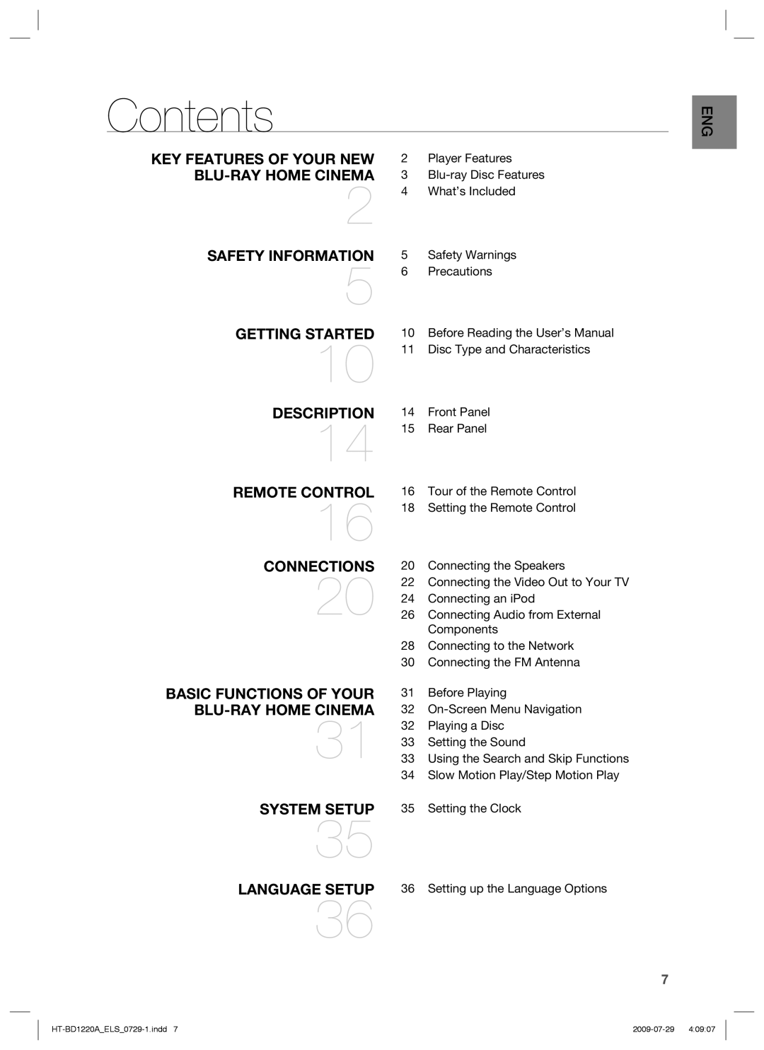 Samsung HT-BD1220R/XEE, HT-BD1220R/EDC, HT-BD1220R/XEF, HT-BD1220R/XET manual Contents 