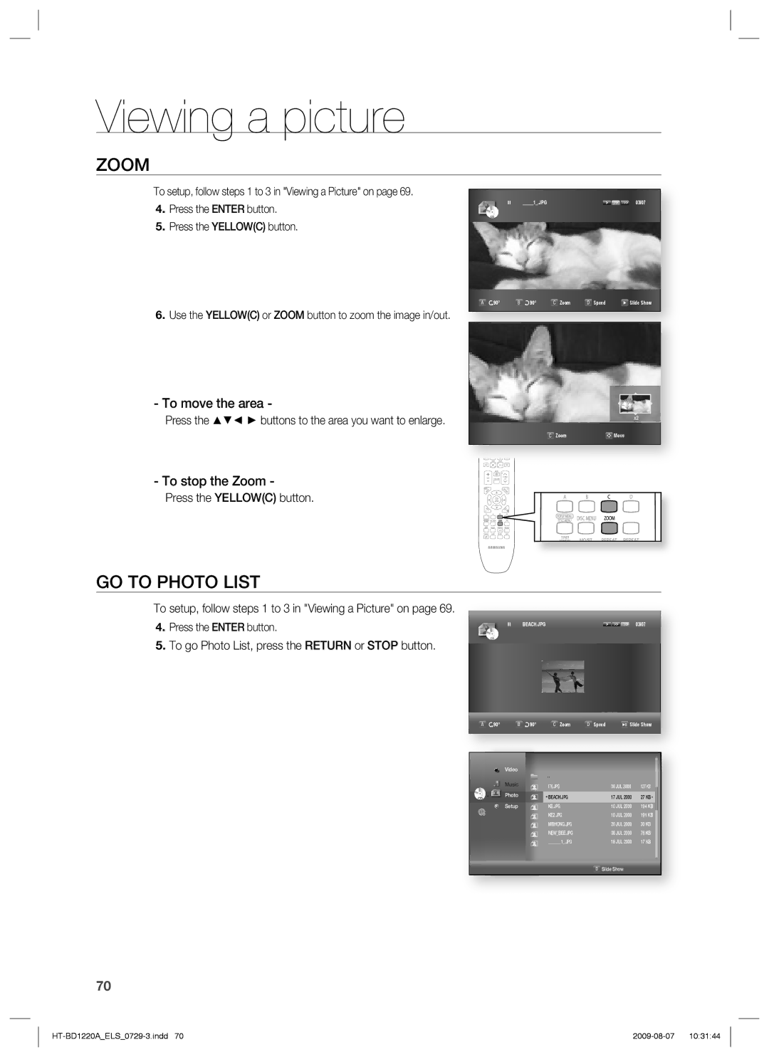 Samsung HT-BD1220R/XET Zoom, GO to Photo List, Press the Yellowc button, To go Photo List, press the Return or Stop button 