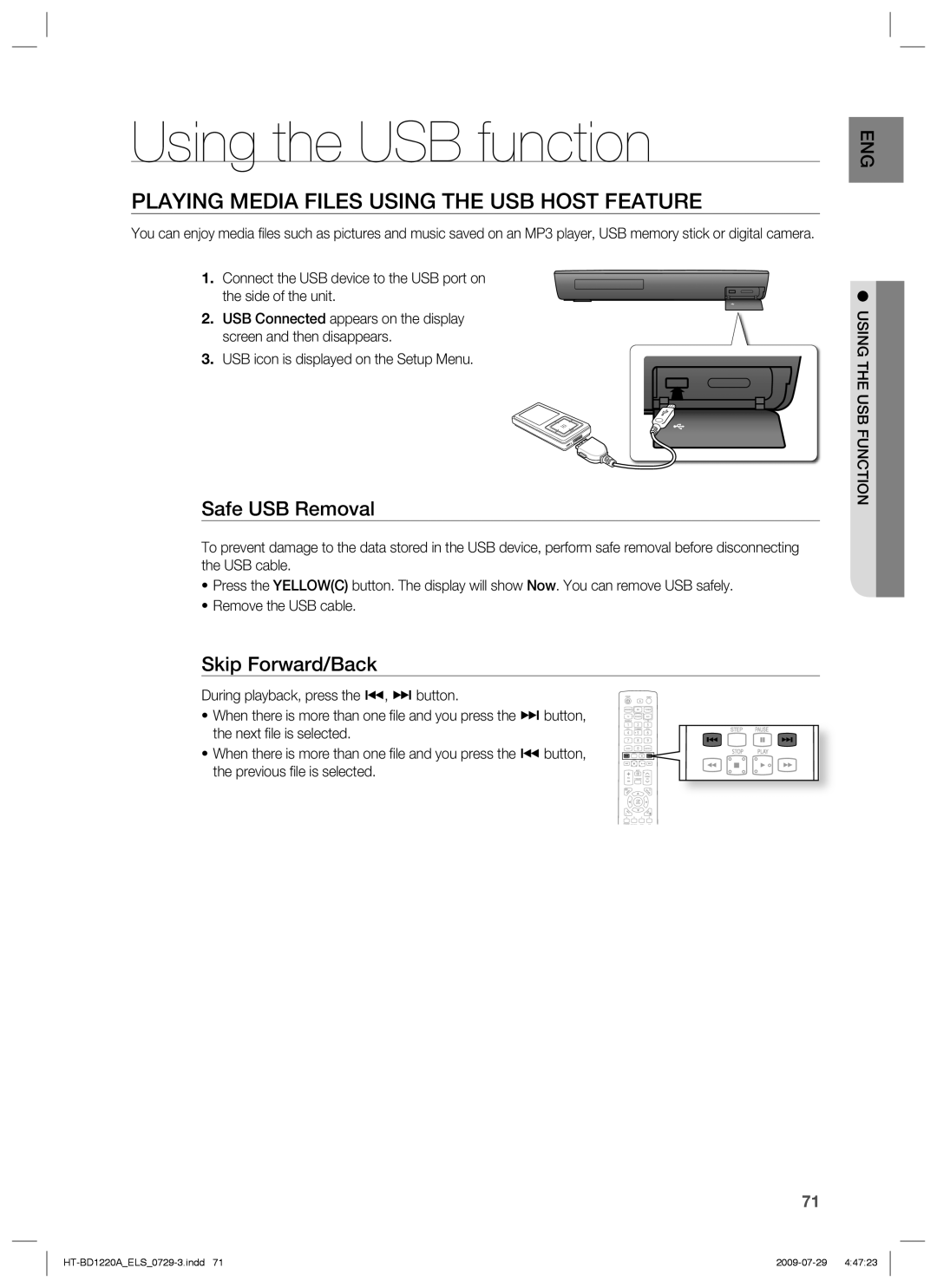 Samsung HT-BD1220R/XEE manual Using the USB function, Playing Media Files Using the USB Host Feature, Safe USB Removal 