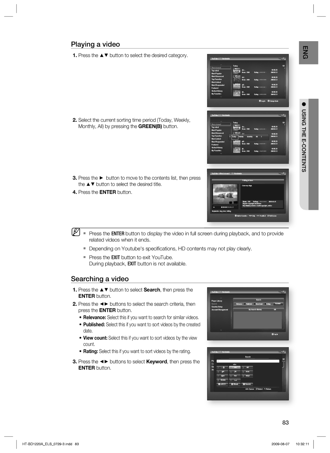 Samsung HT-BD1220R/XEE, HT-BD1220R/EDC, HT-BD1220R/XEF manual Playing a video, Searching a video, Using the E-CONTENTS 