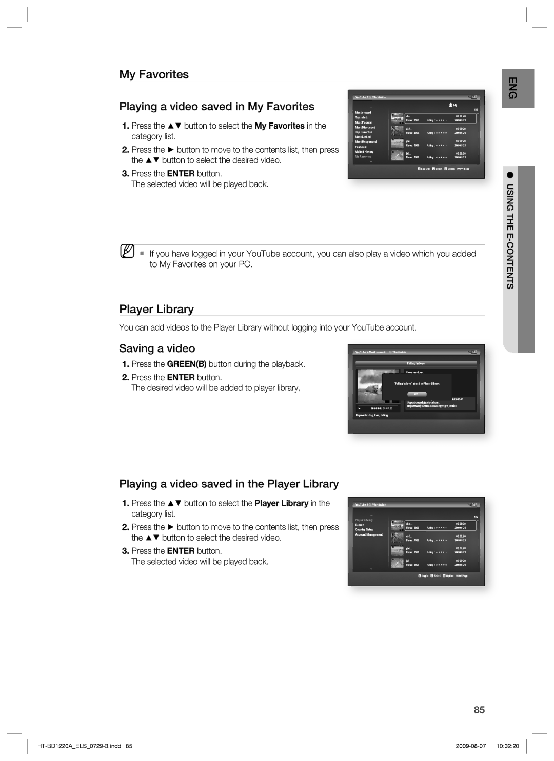 Samsung HT-BD1220R/XEF, HT-BD1220R/EDC, HT-BD1220R/XET, HT-BD1220R/XEE manual Player Library, Using the E, Contents 