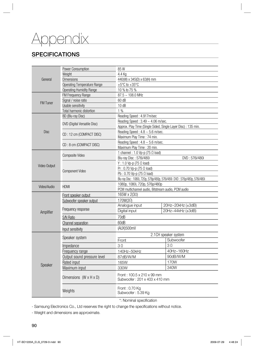 Samsung HT-BD1220R/XET, HT-BD1220R/EDC, HT-BD1220R/XEF, HT-BD1220R/XEE manual Specifications 