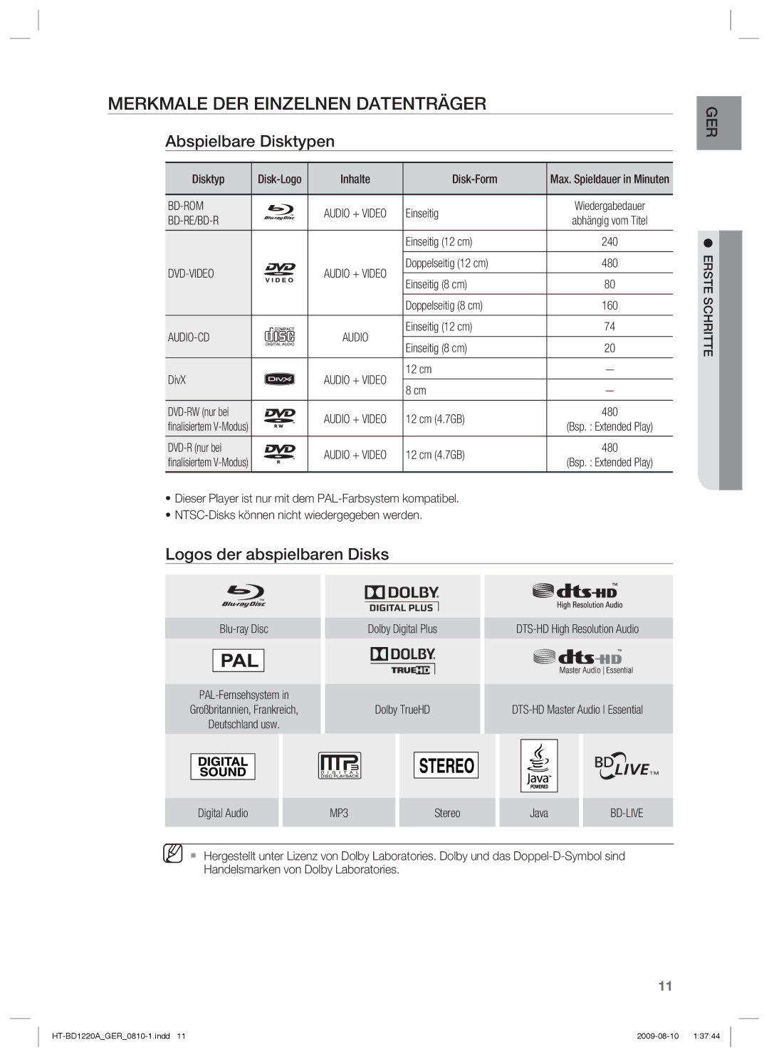 Samsung HT-BD1220R/XEF manual Merkmale DER Einzelnen Datenträger, Abspielbare Disktypen, Logos der abspielbaren Disks 