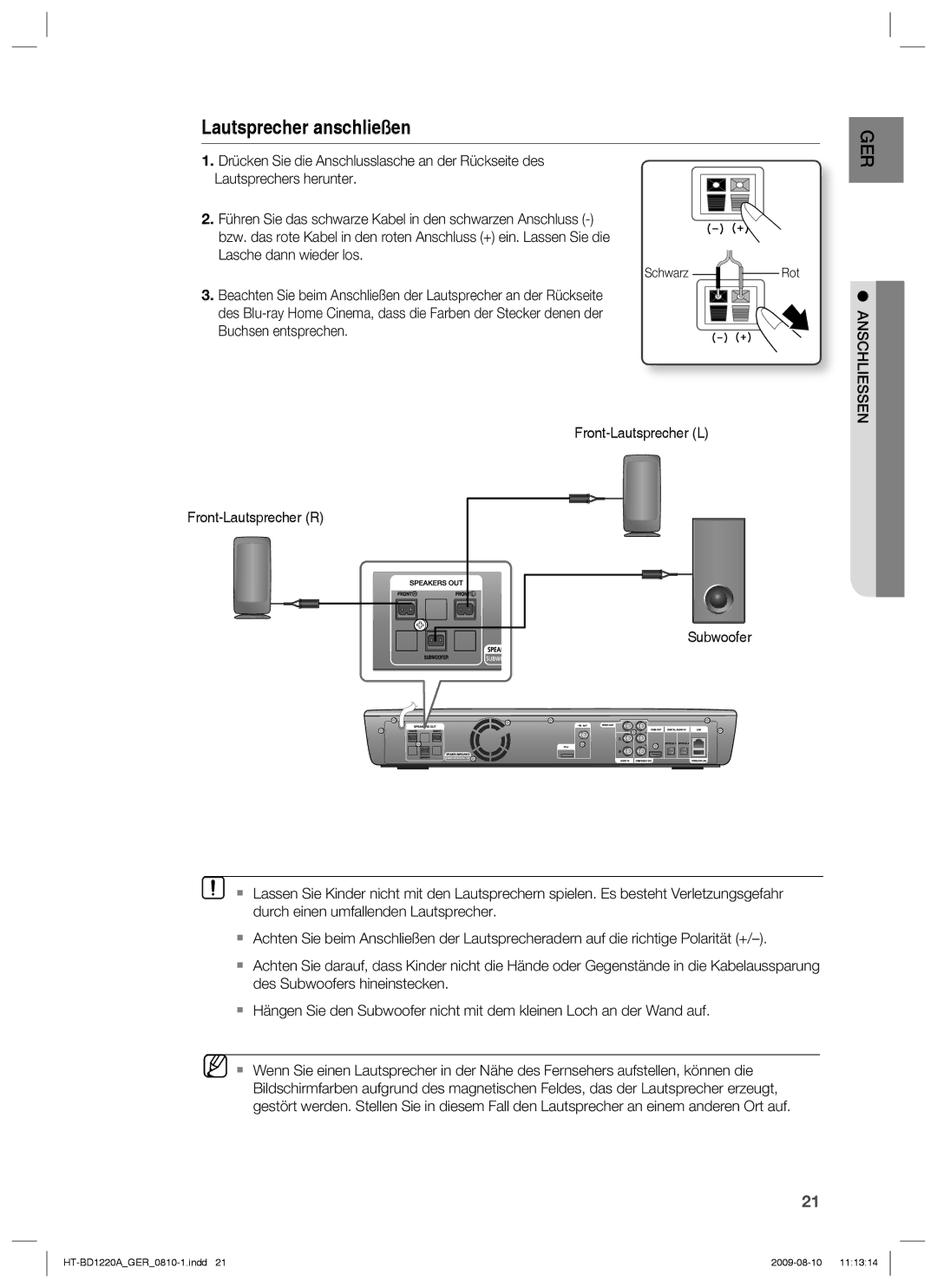 Samsung HT-BD1220R/XEF, HT-BD1220R/EDC manual Lautsprecher anschließen 