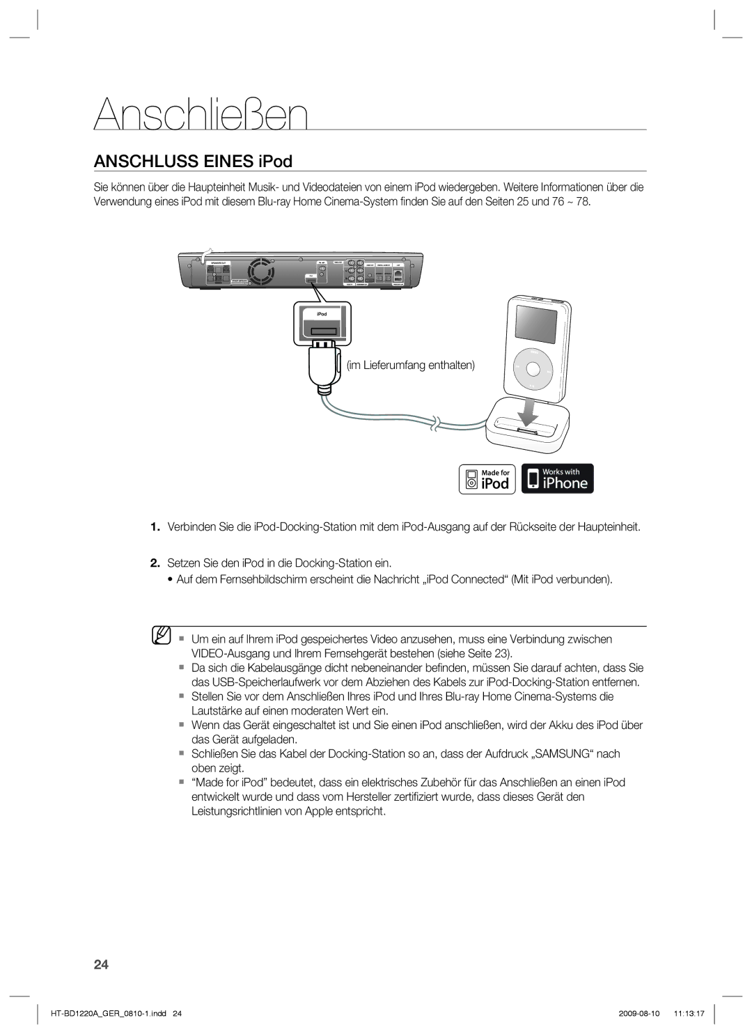 Samsung HT-BD1220R/EDC, HT-BD1220R/XEF manual Anschluss Eines iPod 