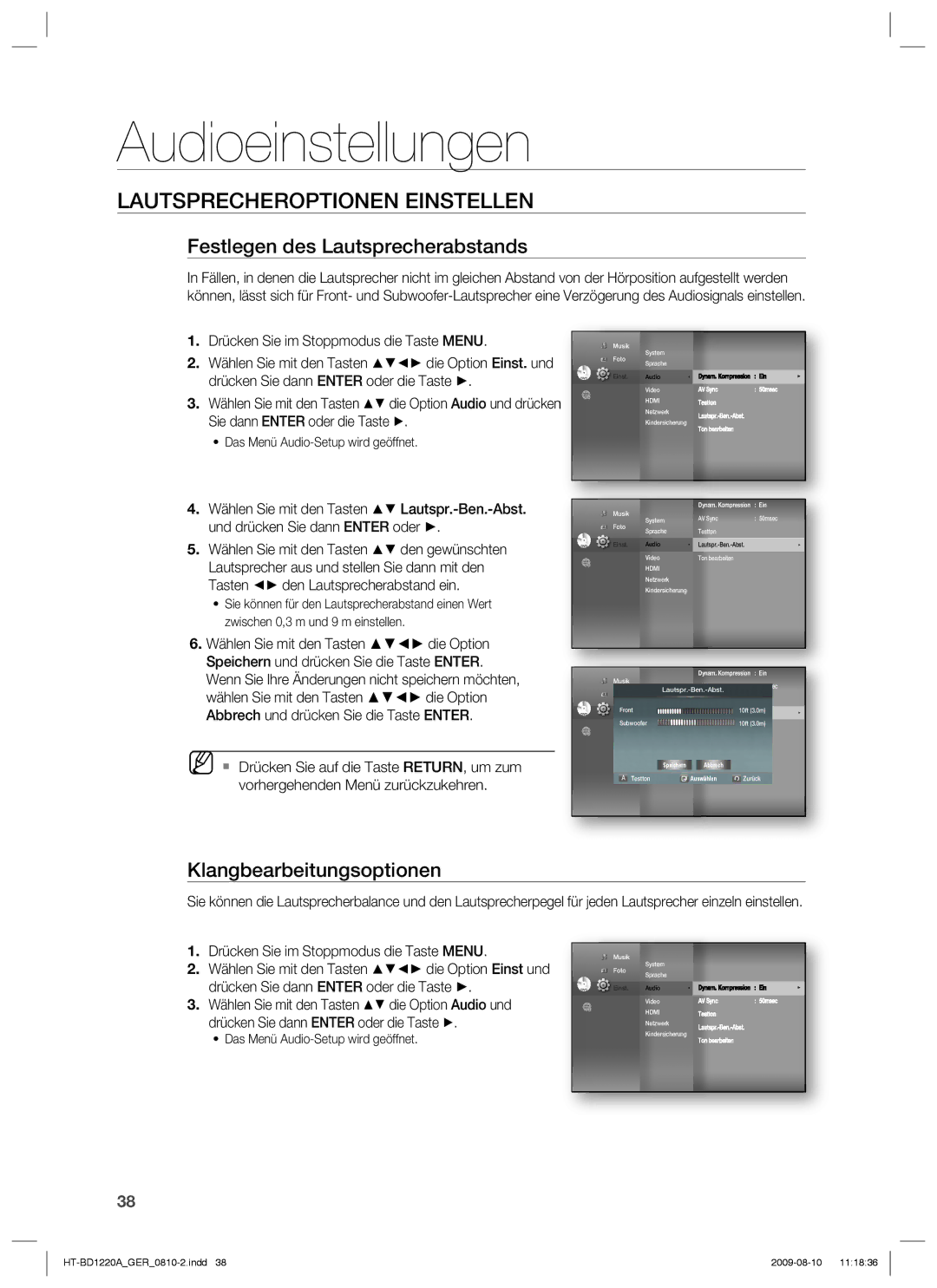 Samsung HT-BD1220R/EDC, HT-BD1220R/XEF manual Festlegen des Lautsprecherabstands, Klangbearbeitungsoptionen 