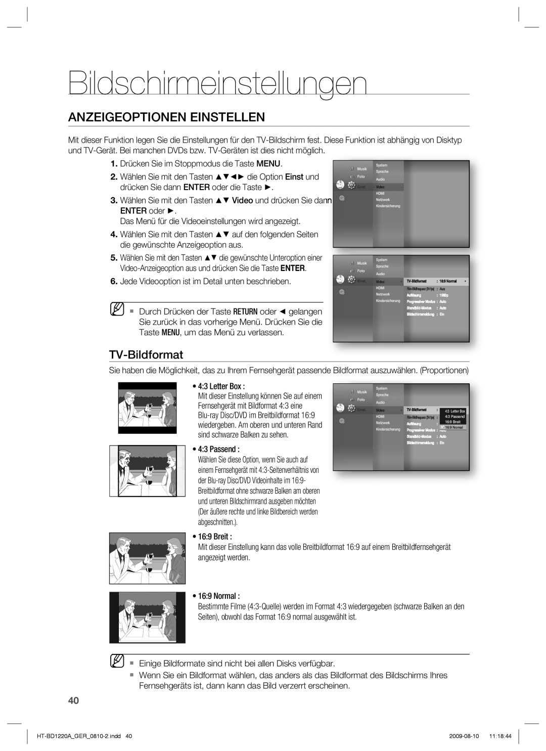 Samsung HT-BD1220R/EDC, HT-BD1220R/XEF manual Bildschirmeinstellungen, Anzeigeoptionen Einstellen, TV-Bildformat 