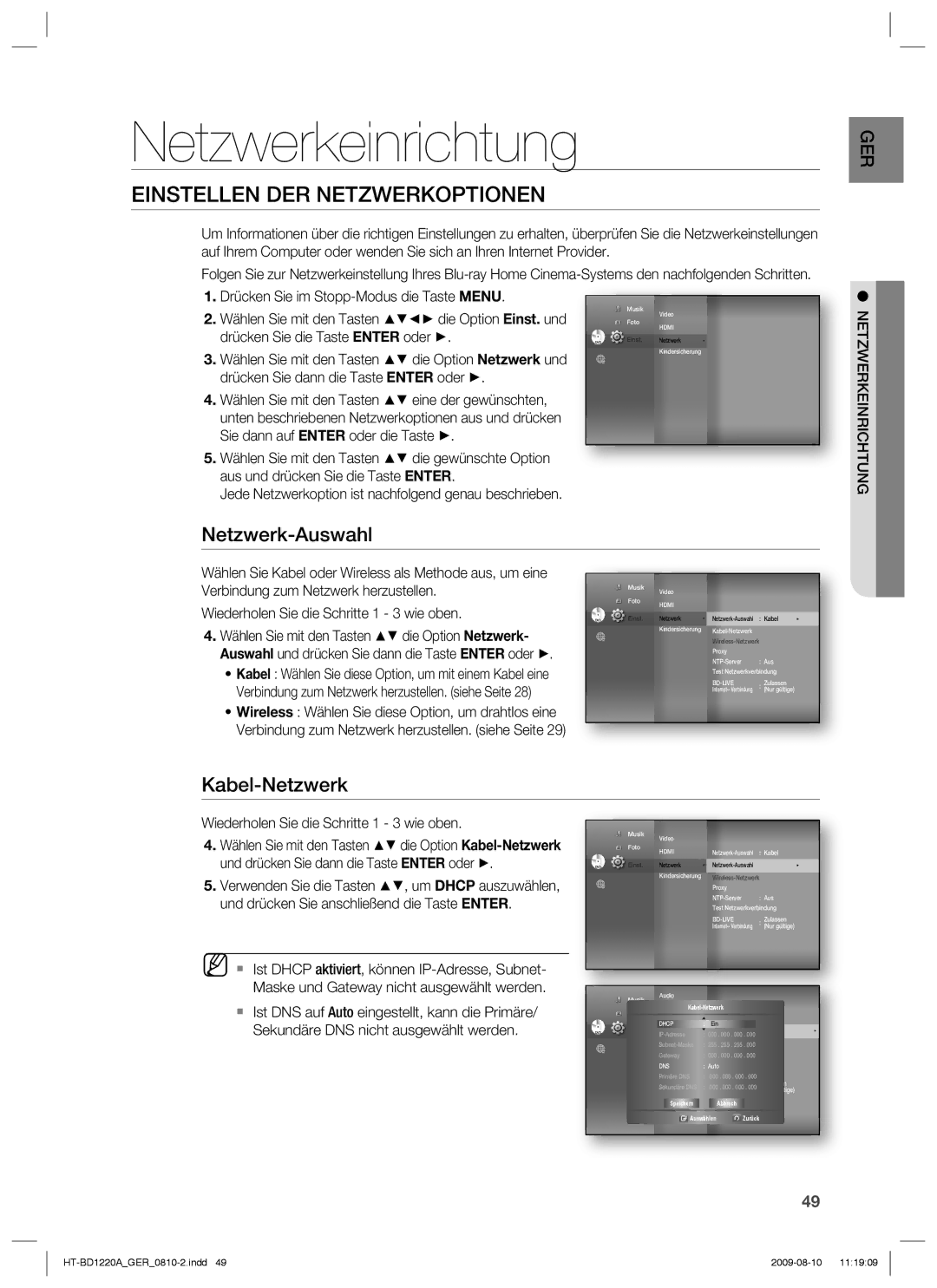 Samsung HT-BD1220R/XEF manual Netzwerkeinrichtung, Einstellen DER Netzwerkoptionen, Netzwerk-Auswahl, Kabel-Netzwerk 