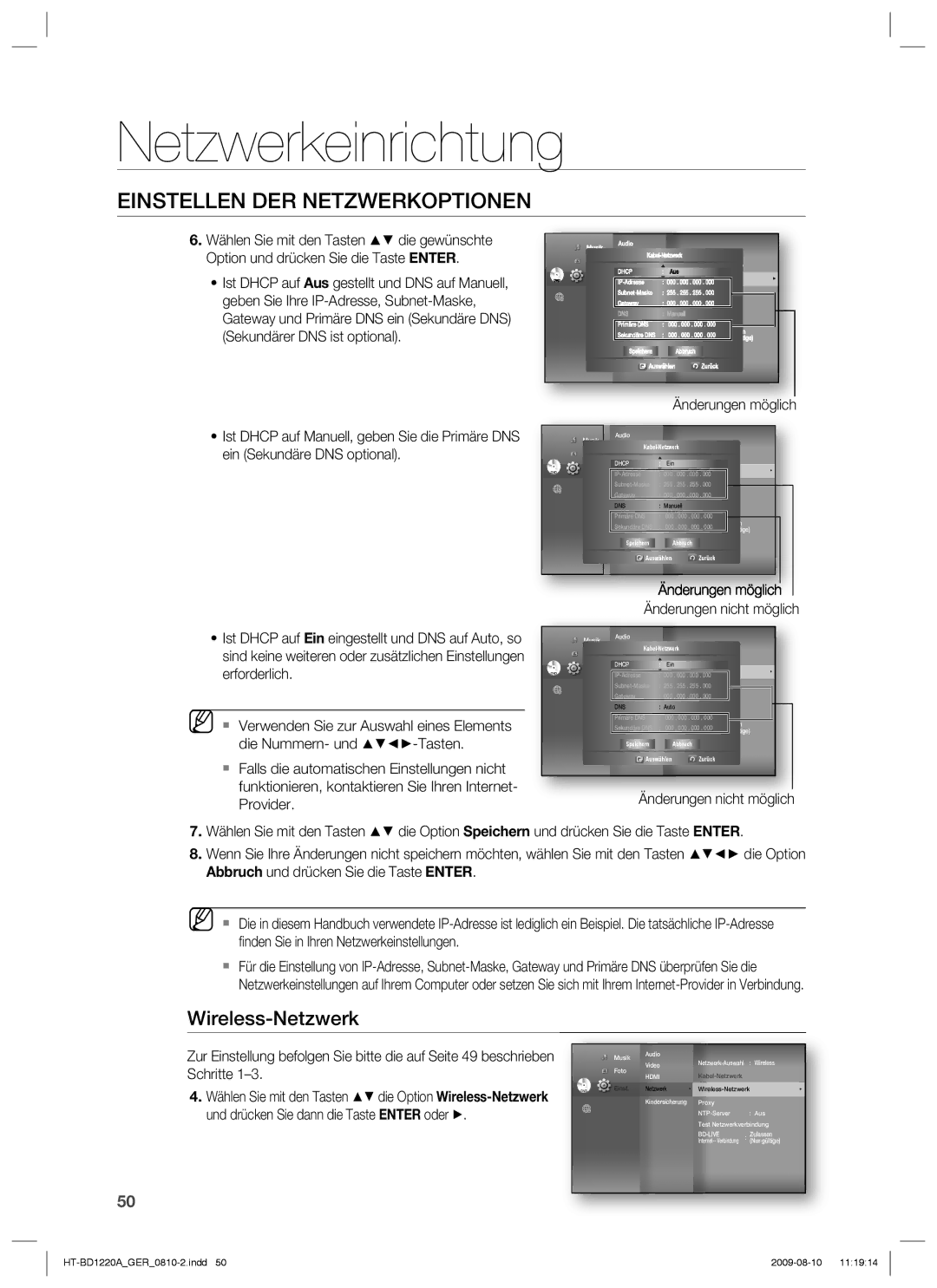 Samsung HT-BD1220R/EDC, HT-BD1220R/XEF manual Wireless-Netzwerk, Änderungen möglich, Speichern Abbruch Auswählen 