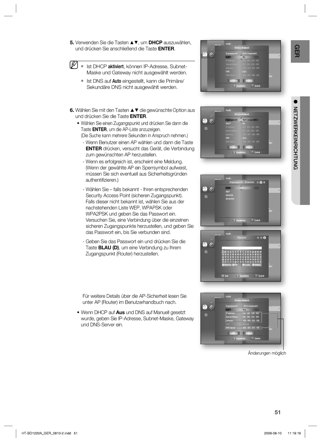 Samsung HT-BD1220R/XEF Wireless-Netzwerk, Speichern Abbrech Auswählen Zurück, Musik Audio, Cable Network, Proxy, Zulassen 