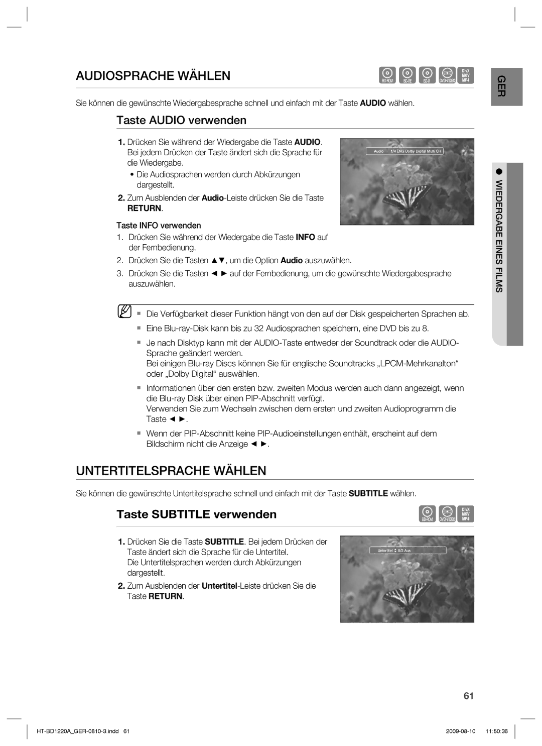 Samsung HT-BD1220R/XEF manual Audiosprache Wählen, Untertitelsprache Wählen, Taste Audio verwenden, Wiedergabe Eines Films 