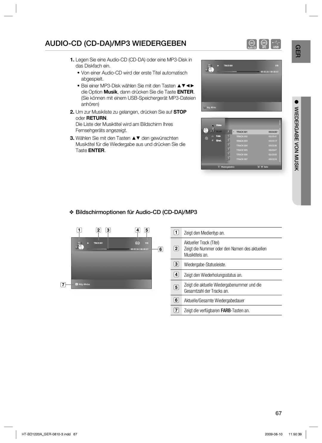 Samsung HT-BD1220R/XEF manual AUDIO-CD CD-DA/MP3 Wiedergeben, Bildschirmoptionen für Audio-CD CD-DA/MP3, 000224, Track 