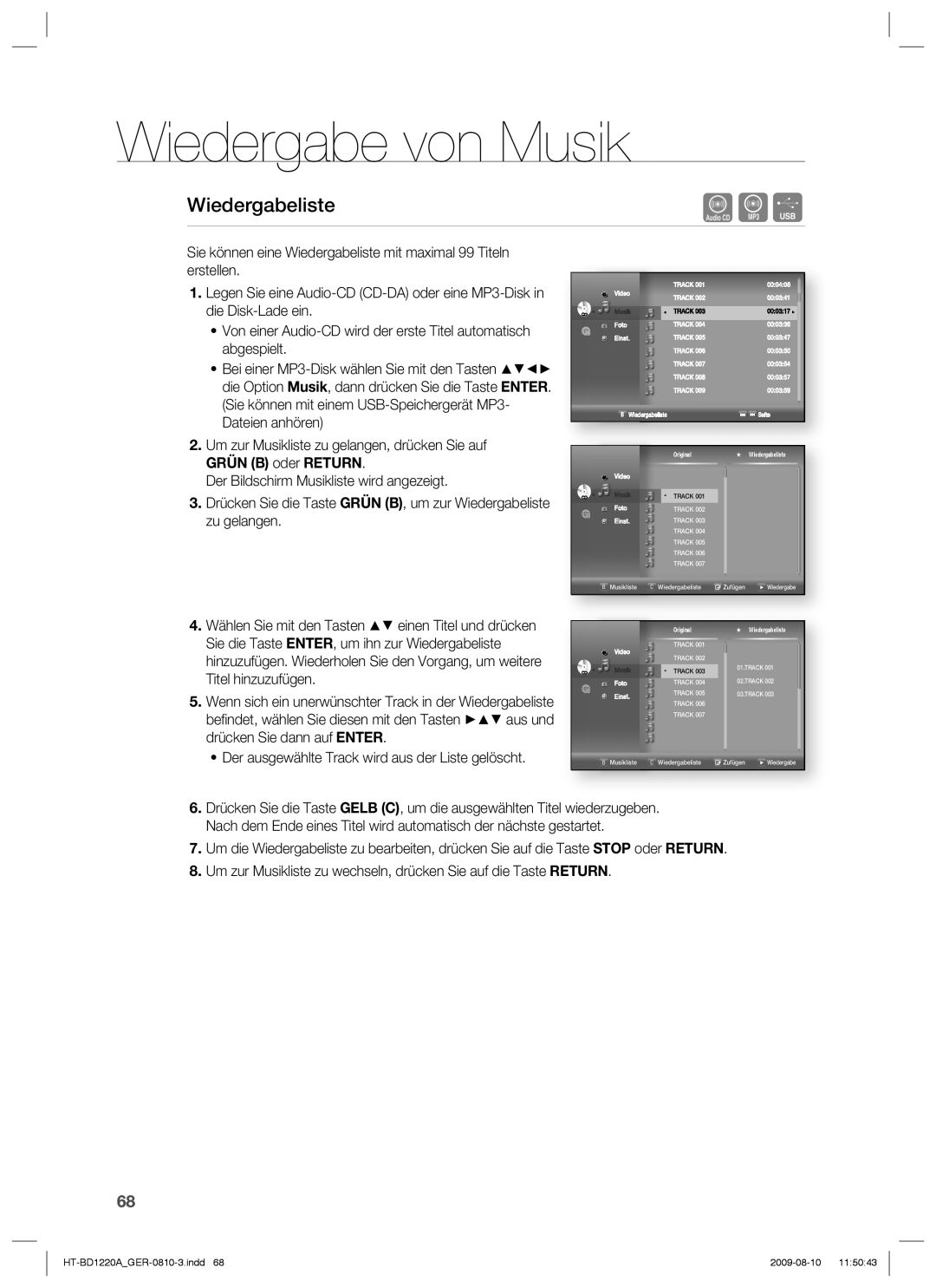 Samsung HT-BD1220R/EDC, HT-BD1220R/XEF Der ausgewählte Track wird aus der Liste gelöscht, Original Wiedergabeliste 