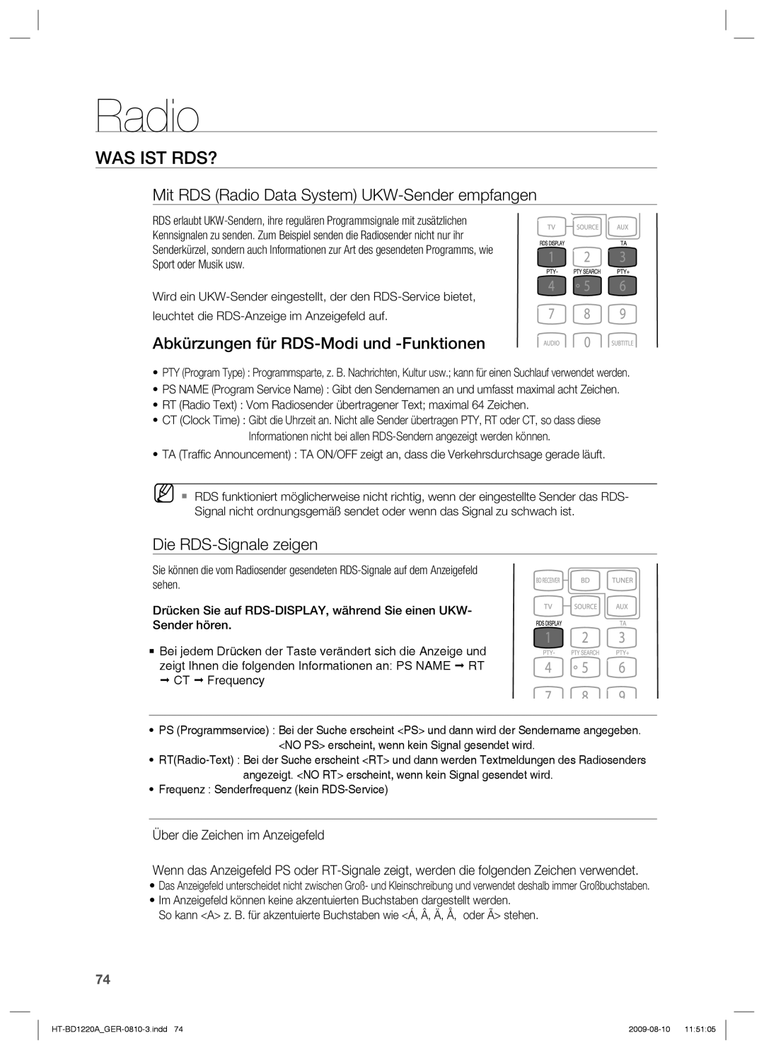 Samsung HT-BD1220R/EDC manual Was Ist Rds?, Mit RDS Radio Data System UKW-Sender empfangen, Die RDS-Signale zeigen 