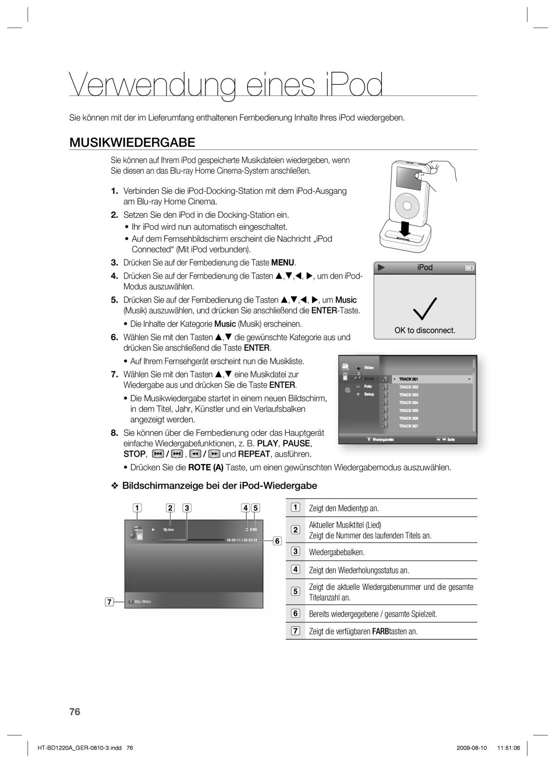 Samsung HT-BD1220R/EDC, HT-BD1220R/XEF Verwendung eines iPod, Musikwiedergabe, Bildschirmanzeige bei der iPod-Wiedergabe 