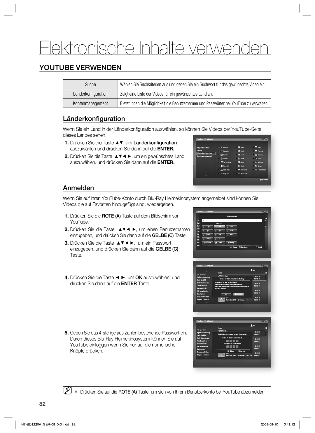 Samsung HT-BD1220R/EDC, HT-BD1220R/XEF manual Elektronische Inhalte verwenden, Länderkonﬁguration, Anmelden, Suche 