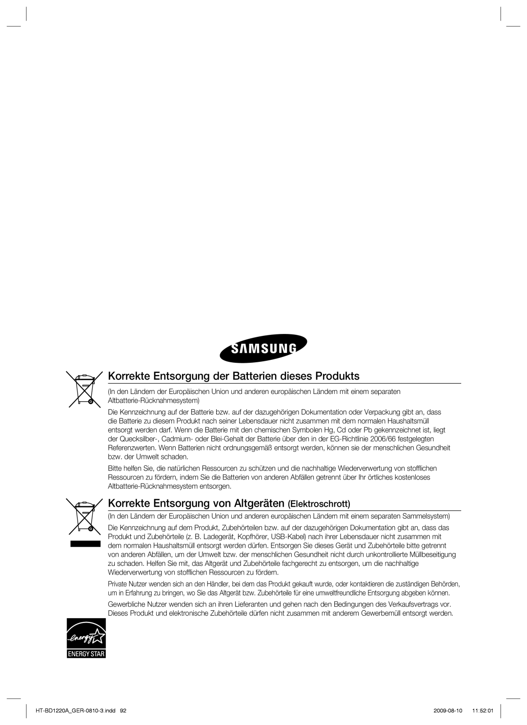 Samsung HT-BD1220R/EDC, HT-BD1220R/XEF manual Korrekte Entsorgung der Batterien dieses Produkts 