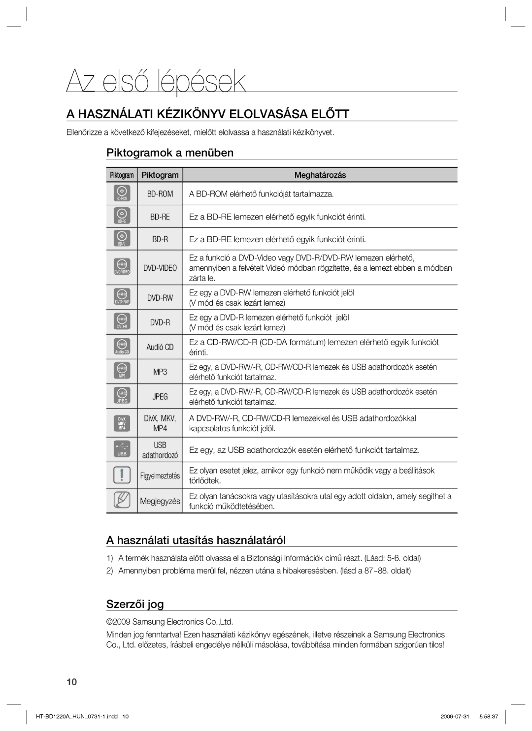 Samsung HT-BD1220R/XET manual Az első lépések, Használati Kézikönyv Elolvasása Előtt, Piktogramok a menüben, Szerzői jog 